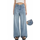 Women's Adjustable Wasit Baggy Jeans with Snap-Button Waistband Wide Straight Leg High Rise Jeans Denim Pants Y2K Trousers