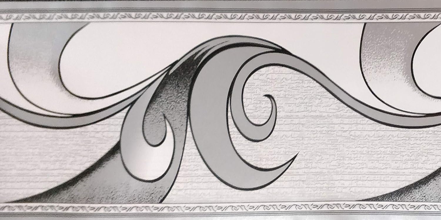 Dundee Deco BD3222 Peel and Stick Abstract Grey Scrolls Wallpaper Border Retro Design, Roll 33 ft. x 4.5 in. (10m x 11.2cm) - Image 4