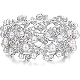 EVER FAITH Crystal Cream Simulated Pearl 1920's Style Leaf Wedding Prom Stretch Bracelet for Women