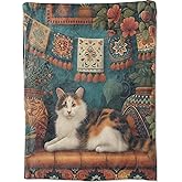 Exotic Calico Cat Blanket Gifts for Boys Girls Kids, Beautiful Potted Plant Flower Ornate Textile Throw Blankets for Sofa Office Couch Room Decor, Cozy Lightweight Warm Soft Throws, 50x60 in