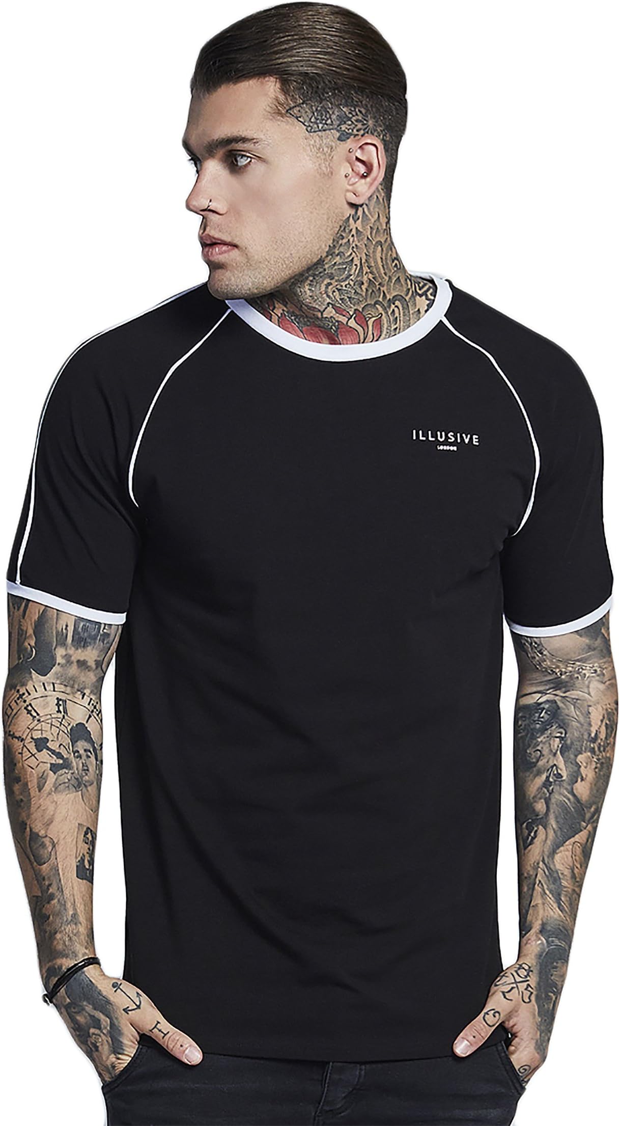 Illusive London Mens Curved Hem Slim Fit Designer Short Sleeve T Shirt Tee Top 12 Styles