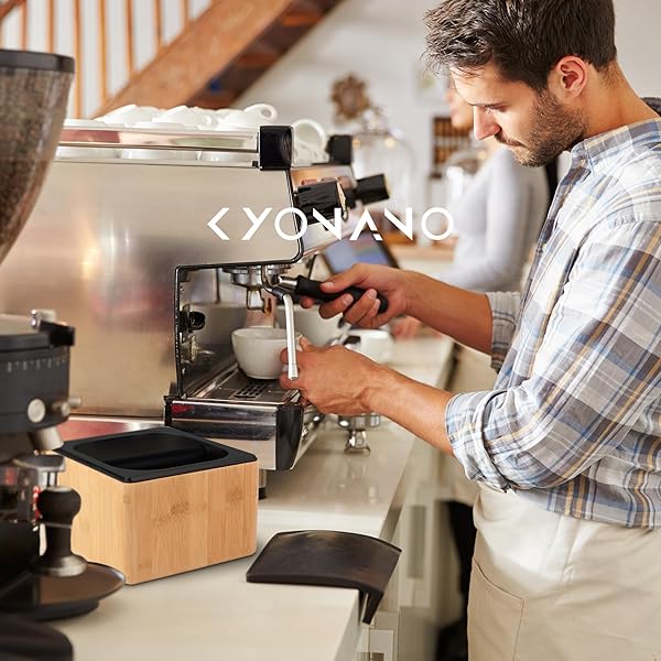 KYONANO KNOCK BOX EXPRESSO – ESPRESSO ACCESSORIES – COFFEE KNOCK BOX WITH DURABLE KNOCK BAR AND NON-SLIP BASE – MADE OF BAMBOO AND STAINLESS STEEL- COFFEE GROUNDS KNOCK BOX