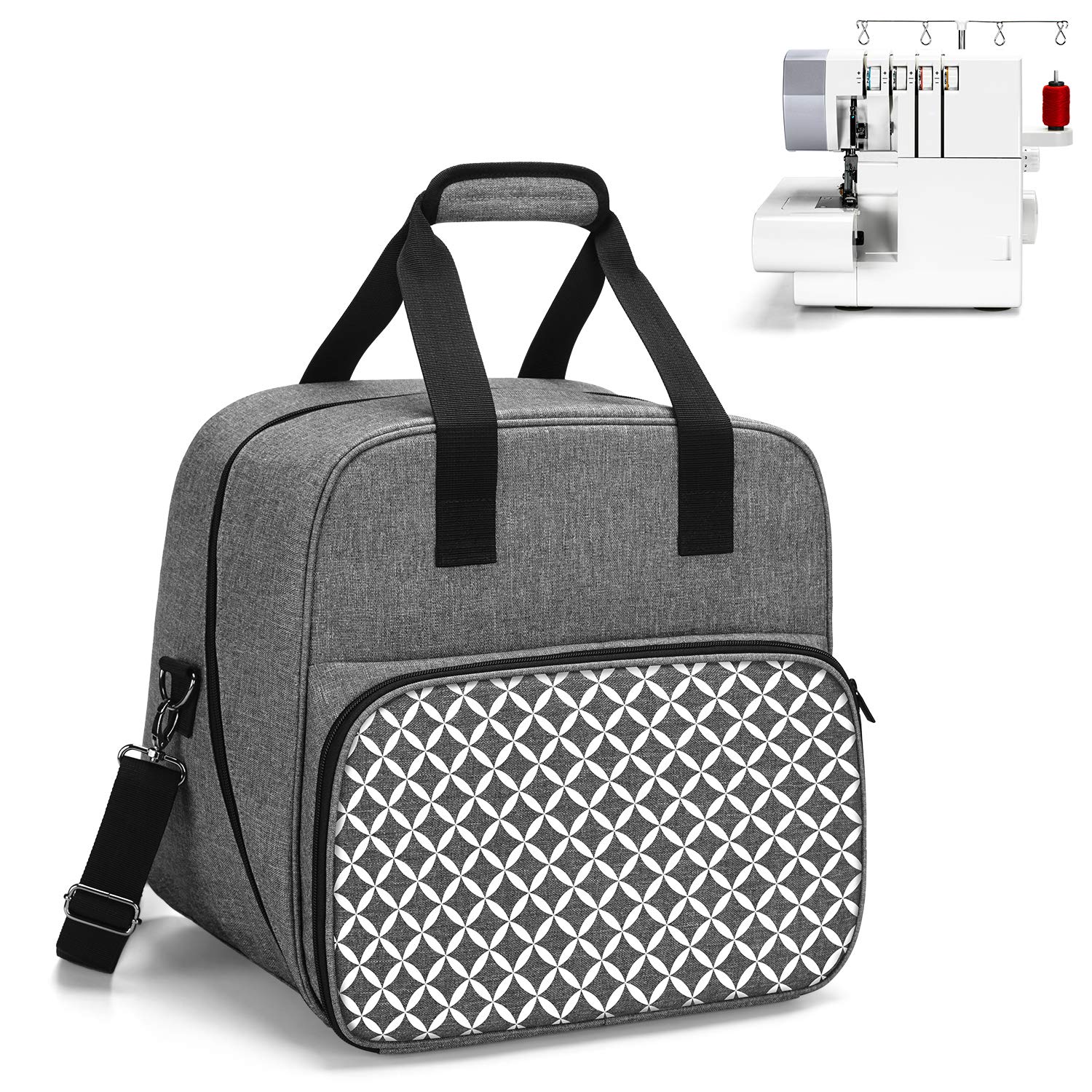 Yarwo Overlocker Bag with Bottom Wooden Board, Universal Overlock Sewing Machine Case Fit for Most Standard Overlocker and Accessories, Grey with Oval Pattern
