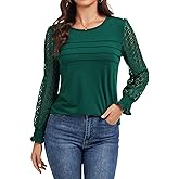 MAXTOOA Womens Long Sleeve Shirts Pleated Front Business Casual with Crewneck Lace Tunic Tops Fit Blouse for Fall Green XL