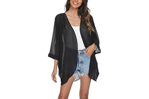 olrain Women's Floral Print Sheer Chiffon 3/4 Bat Sleeve Casual Loose Kimono Cardigan Capes