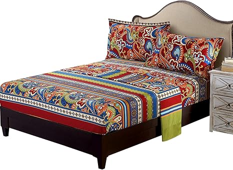 Amazon Com Fadfay Exotic Boho Style Bed Sheet Set Colorful Bohemian Bedding Paisley Design Bedding Sets Super Soft Brushed Cotton Stripped Bedding 4pcs Queen Home Kitchen