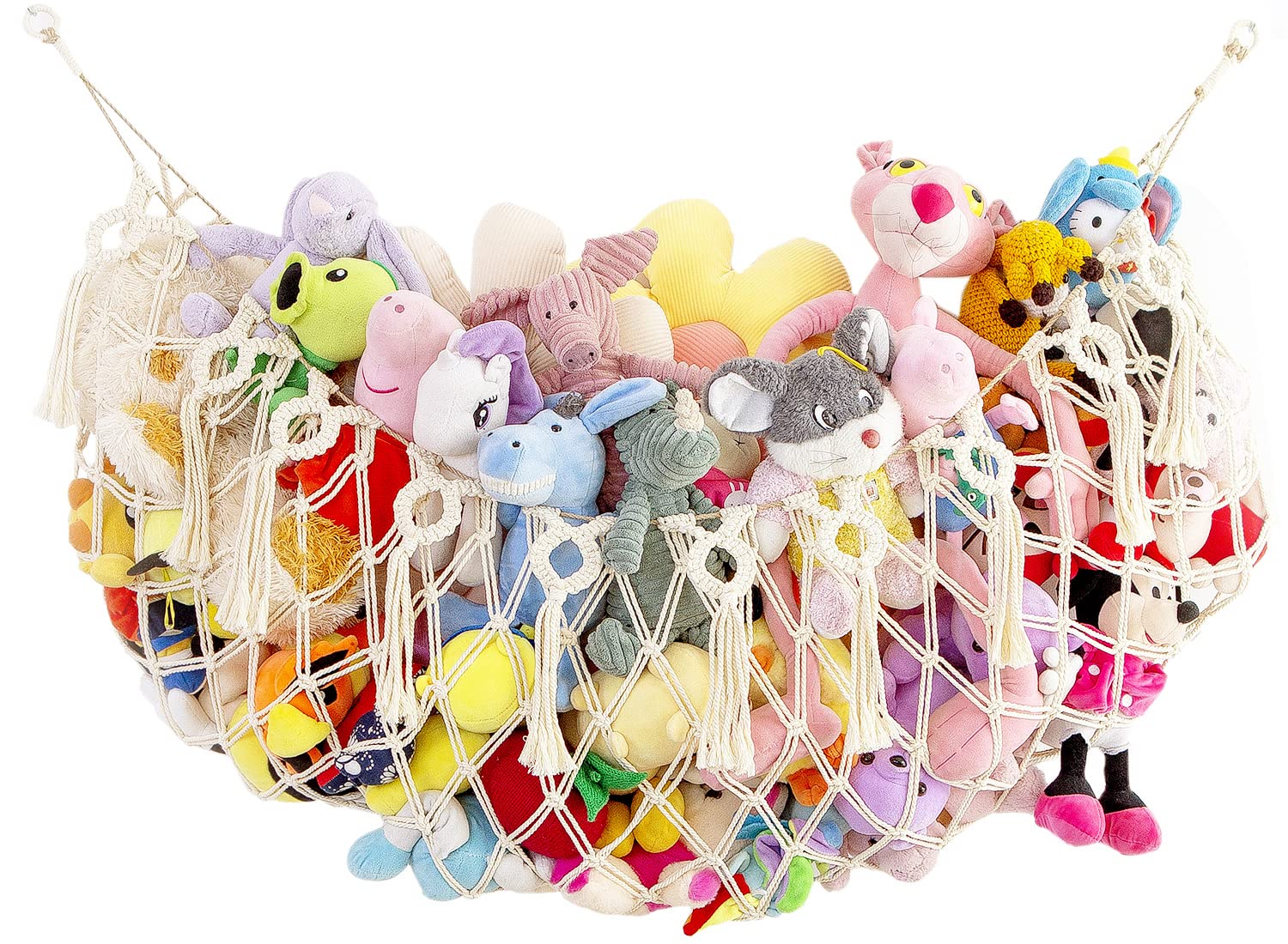 Justchee Large Stuffed Animal Hammock - Wall Mounted Macrame Toy Organizer Display Plush Toys Holder Cream 57" W. Holds Up to 1E+1 lbs. Boho Decor for Nursery Playroom Bedroom Kids Room Storage