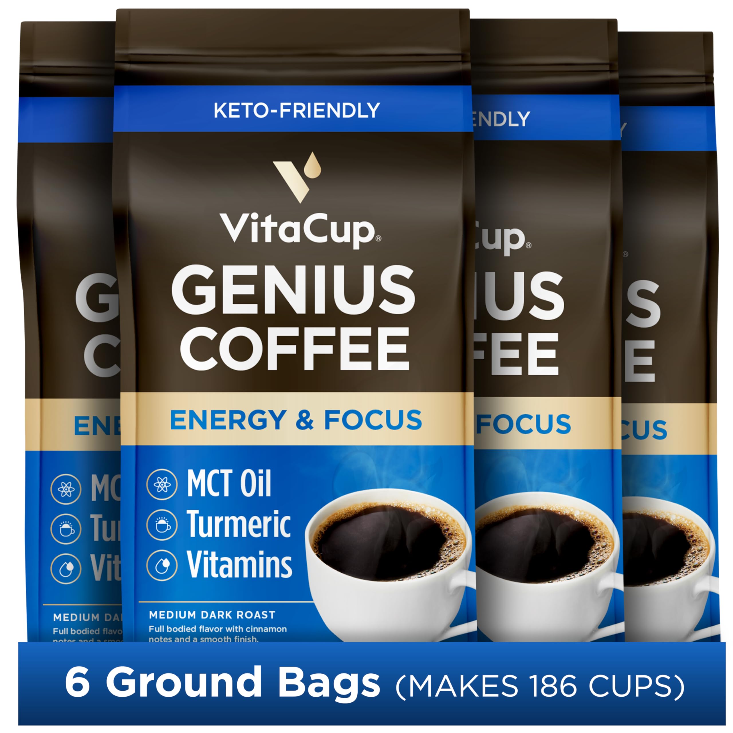 VitaCup Genius Ground Keto Coffee w/Turmeric, MCT Oil, B Vitamins, D3, Ground Coffee Medium Dark Roast, Bold & Smooth, 100% Arabica Coffee Grounds, 6 bags, 11oz each Image