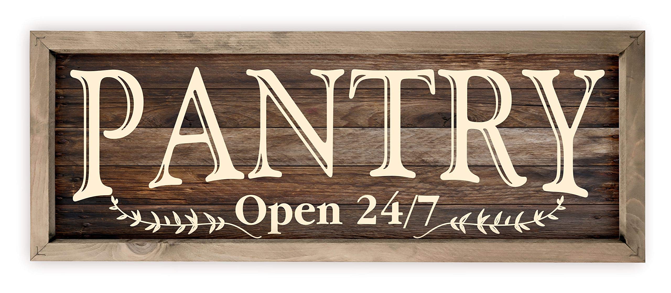 Pantry Open 24/7 Rustic Wood Wall Sign 6x18 (Brown with Frame)
