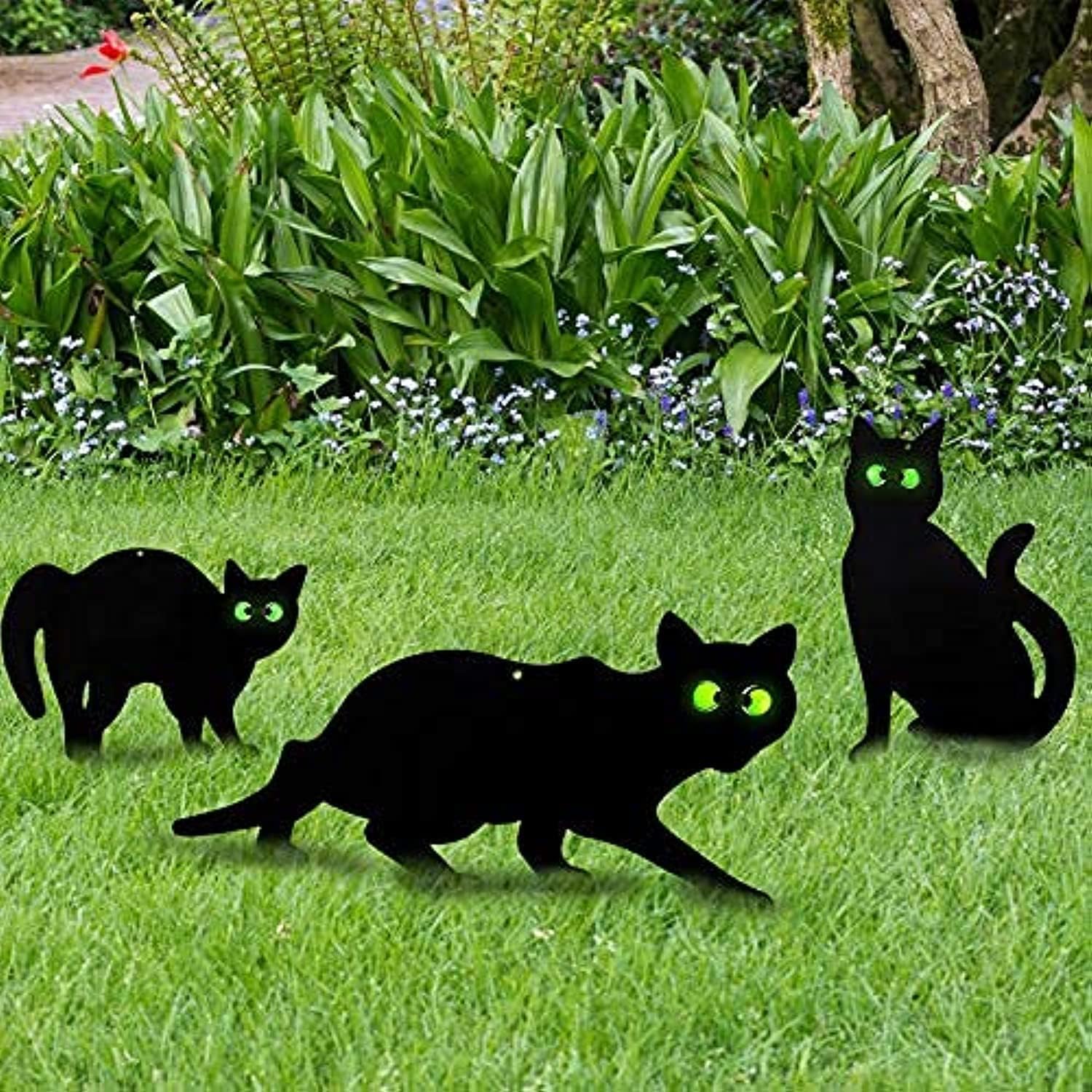 Decorative Garden Stakes - WILLBOND 3 Pack Halloween Metal Black Cat with Reflective Eyes Halloween Yard Signs Stakes Outdoor Decorations Scare Cat Silhouette Statues Stakes for Home Yard Outdoor Halloween Decorations()