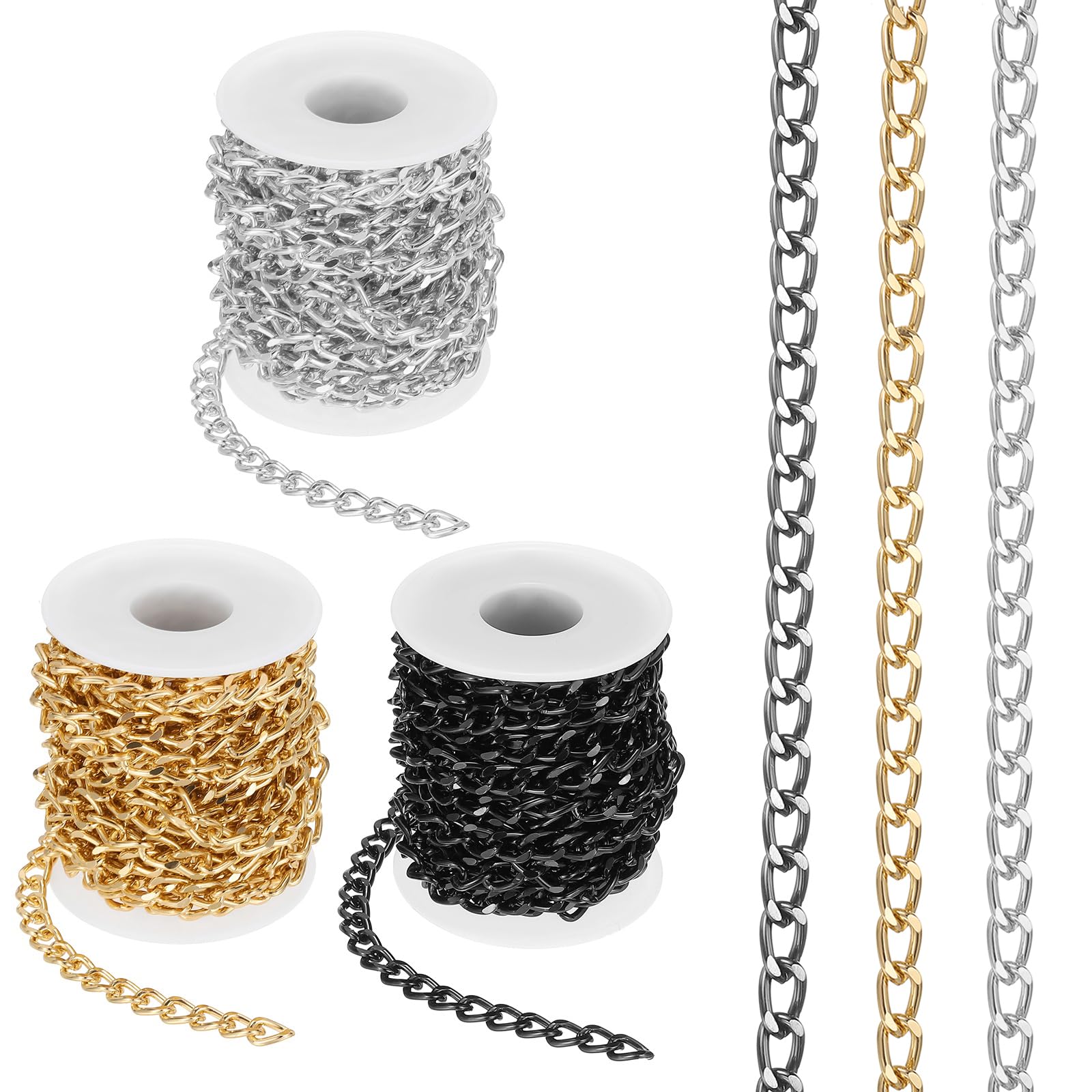 PATIKIL 49.2Ft Aluminium Curb Chains Twisted Links, 3 Rolls 10x7mm Curb Chain Spool Jewelry Making Chains Craft Chain for Necklace Bracelet Earring, Gold/Silver/Black