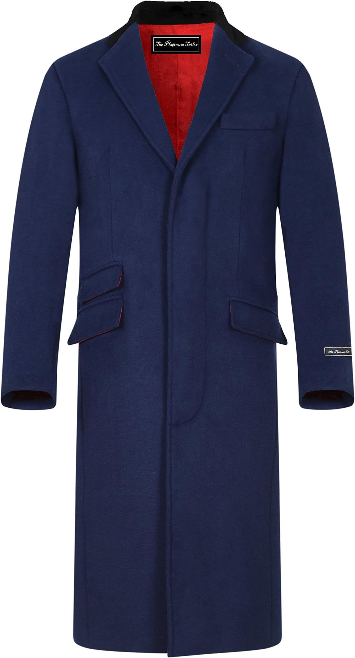 Mens Navy Blue Wool & Cashmere Covert Overcoat Warm Winter Mod Cromby Coat Velvet Collar & Navy Satin Lining