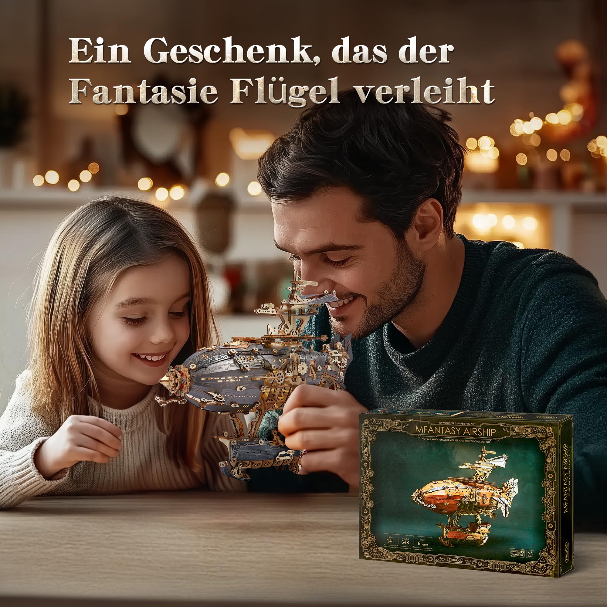 FUNPOLA LED 3D Holzpuzzle fur Erwachsene Luftschiffmodell - Steampunk DIY Bastelset mit LED-Leuchten - Holz Luftschiffmodell-Bausatz für und Erwachsene (Grau) 6