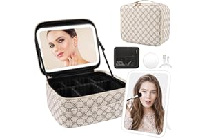 PEEH Makeup Bag with Lighted Mirror, Travel Make up Train Case with Adjustable Brightness Vanity Mirror and Detachable 10x Magnifying Mirror (Beige Clover)