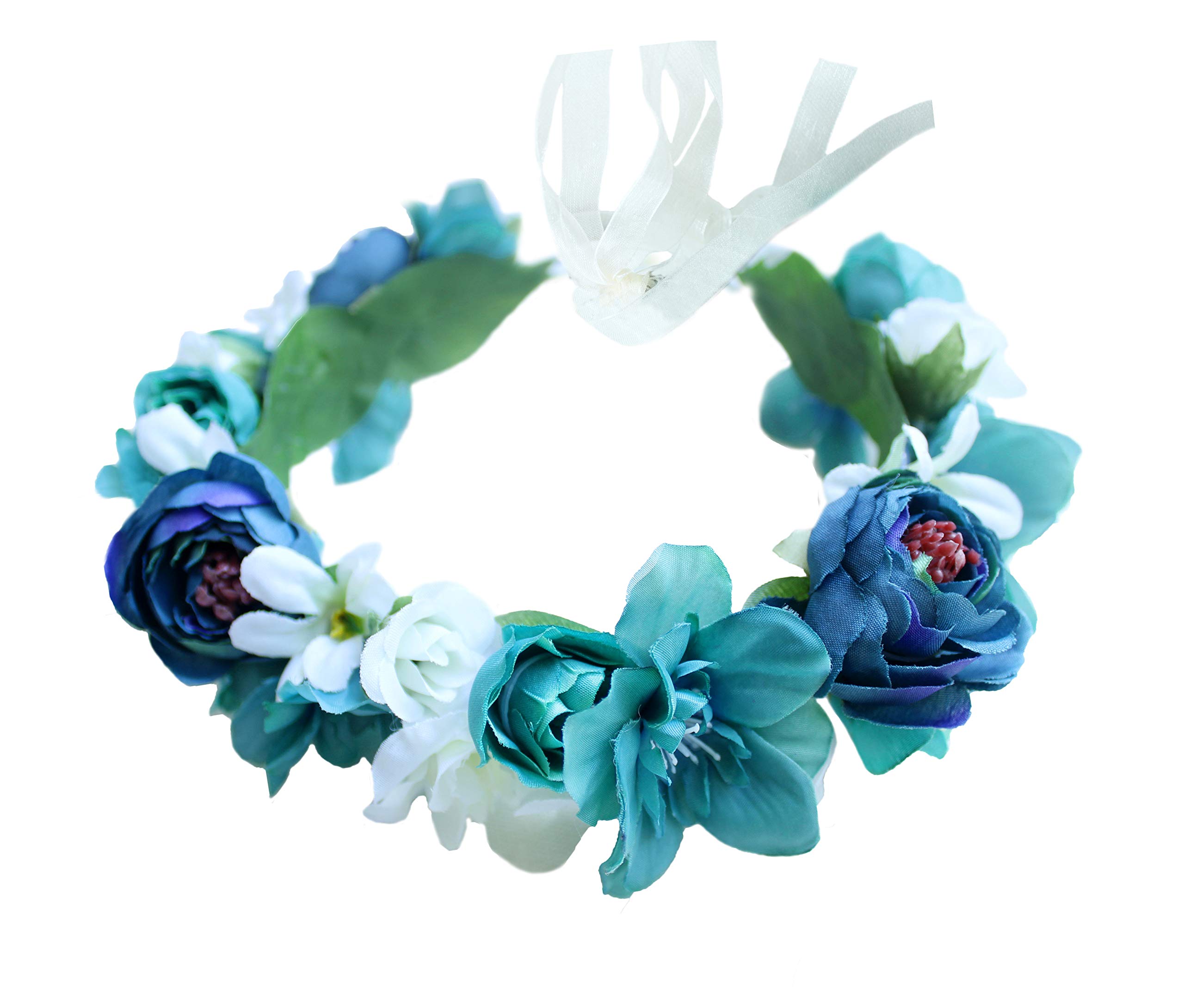 Brikuinr Boho Flower Crown Floral Headband Garland Hair Wreath Hair Garland Flower Halo Floral Headpiece with Ribbon Wedding Party Festival Green