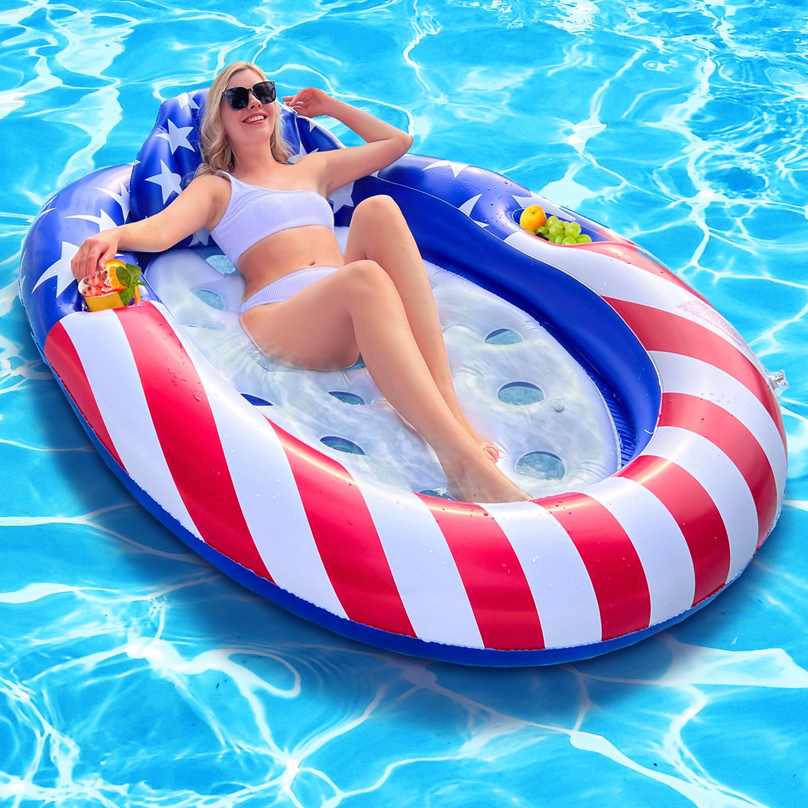 Photo 1 of 72"x59" Patriotic Pool Lounger Float with ?Detachable Headrest, ?Double Snack & Drink Holders Extra Large ?Oval Inflatable Pool Float for Adults, ?4th of July Party, Pool, Lake