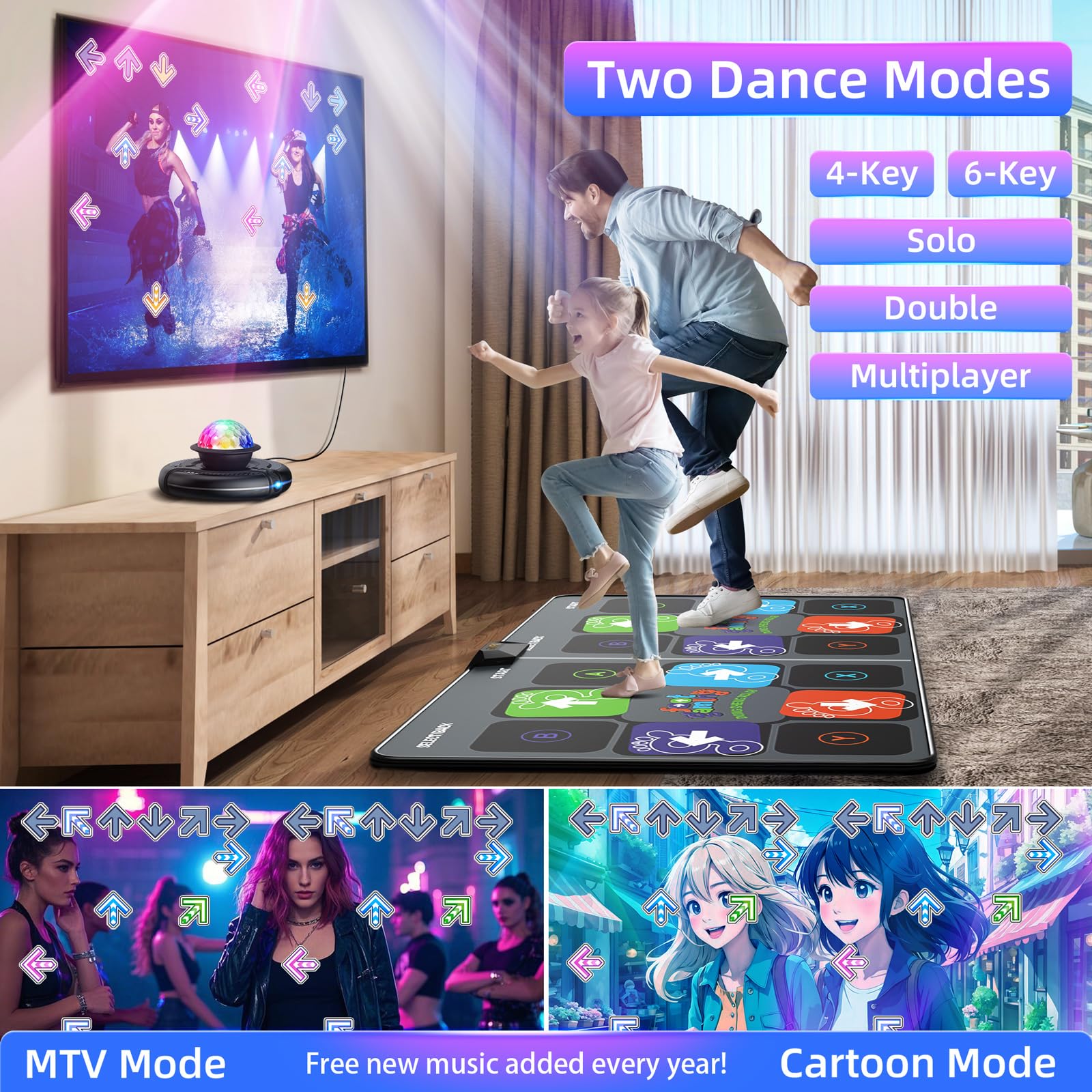 FWFX Dance Mat for TV Games - Wireless Musical Electronic Dance Pad for Kids & Adults, 2-Player Indoor Active Exercise Game for Family Parties, Birthday for Boys and Girls