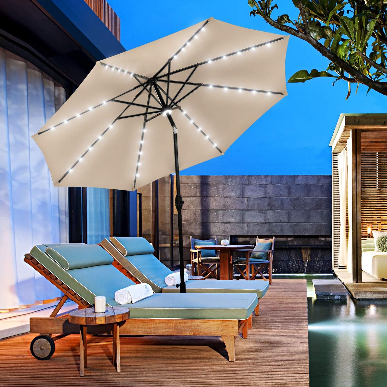 Amazon Com 10ft Lighted Aluminum Patio Table Market Umbrella With Tilt And Crank For Garden Deck Backyard Pool Garden Outdoor