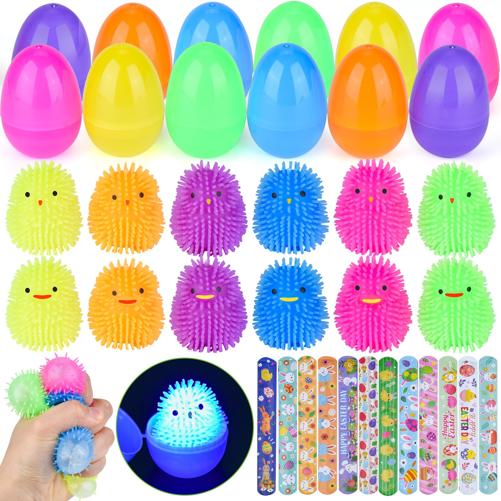 12Pcs Easter Eggs Filled Multicolored LED Chicks & Ducks Puffer Balls Squeeze Toys,Stress Relief Fidget Toys,Sensory Toys for Kids,Party Favors,Easter Basket Stuffers,Extra Gift with 12 Slap Bracelets