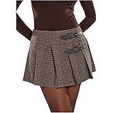 MakeMeChic Women's Plaid Mini Skirt Low Waist Tweed Pleated Belted Office Work Skirts