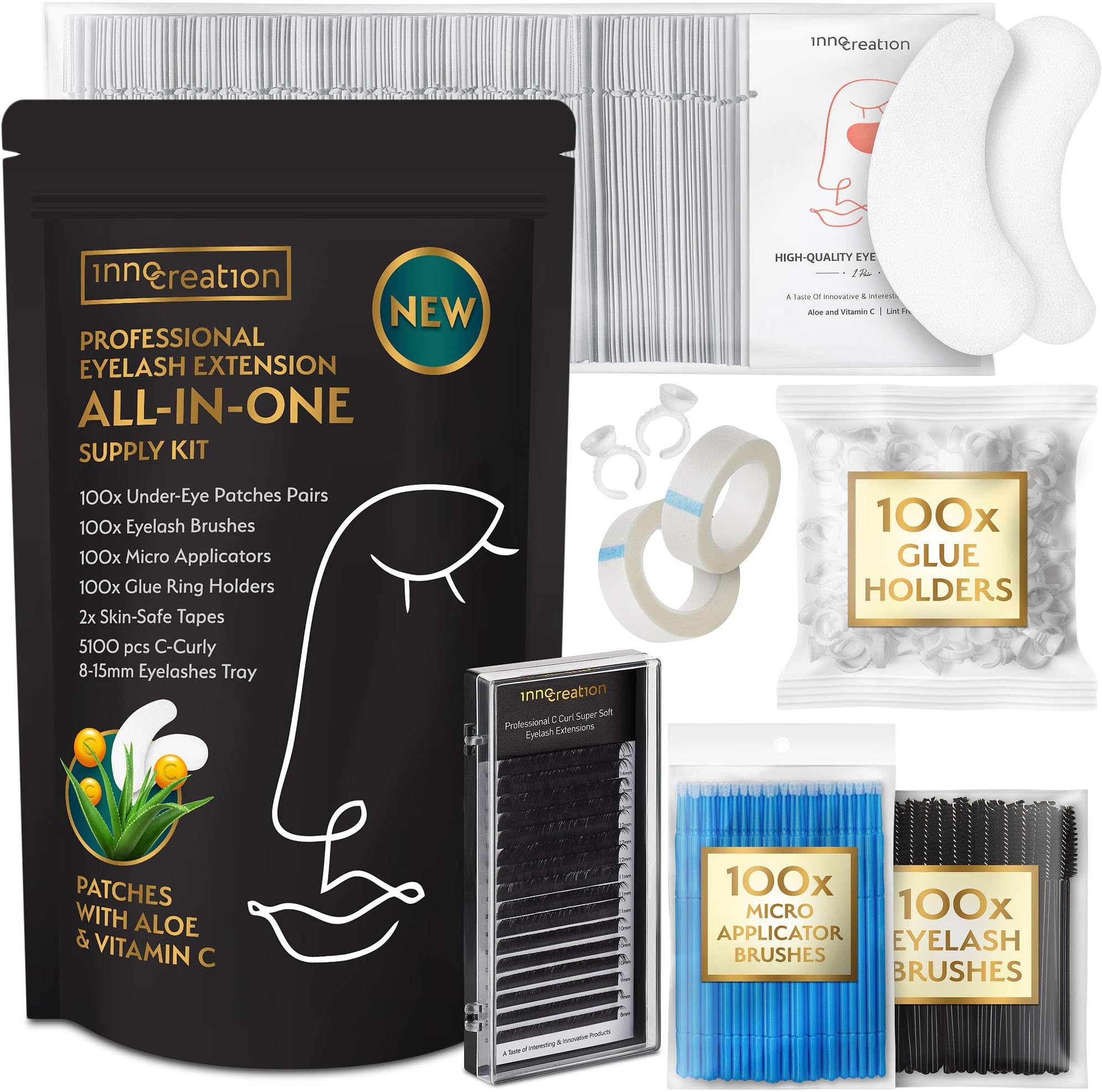 Professional Eyelash Extension Supplies - C Curly 8-15mm Mixed Eyelash Tray | 100 Pairs Under Eye Gel Pads | 100 Mascara Brushes Wands | 100 Micro Applicators Brush | 100 Glue Ring Holder | 2 Tapes