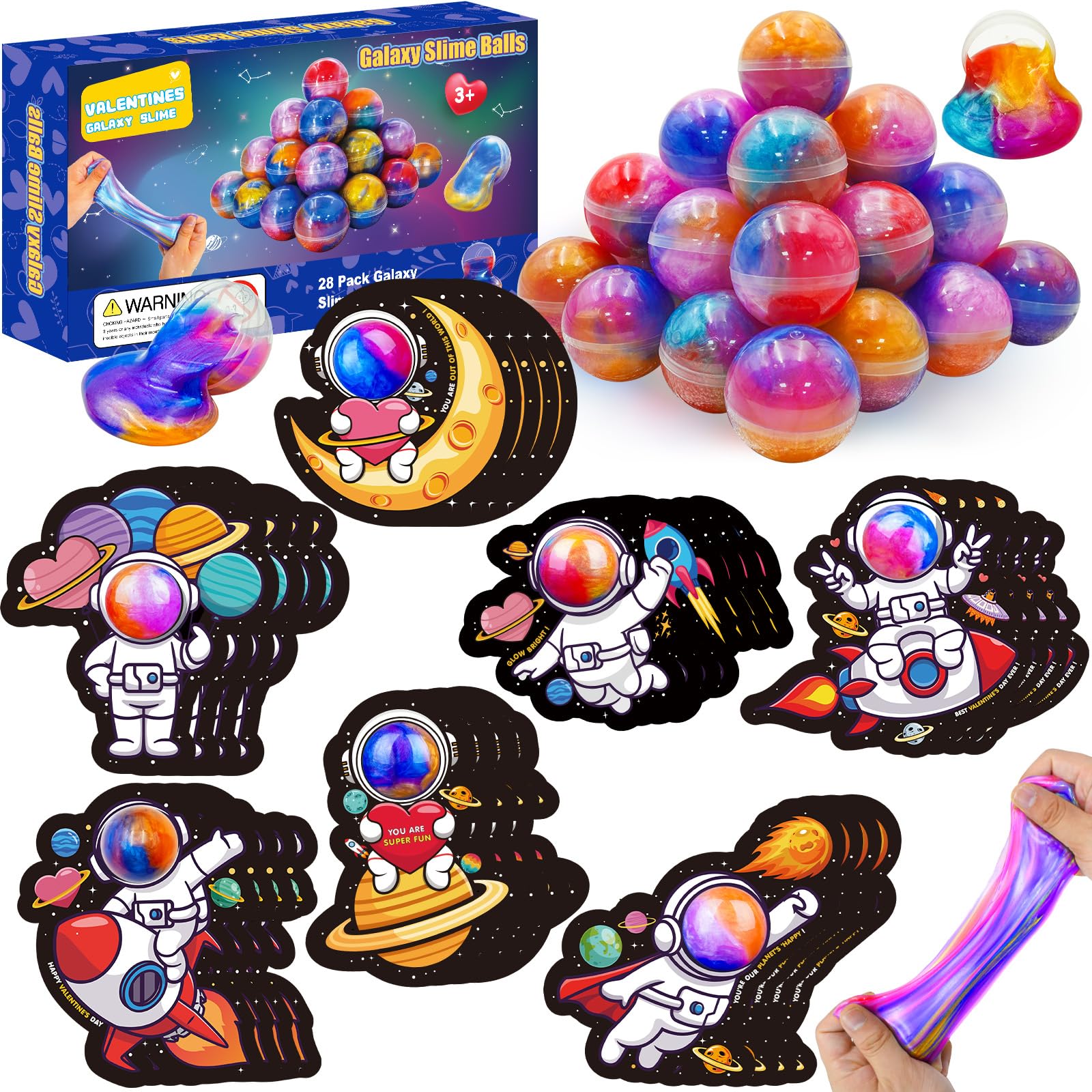 PIONJOY 28 Pack Valentines Galaxy Slime Toys for Kids, Galaxy Slime Balls with Valentine's Day Cards Stress Relief Fidget Set for Kids School Classroom Valentines Party Favors Supplies