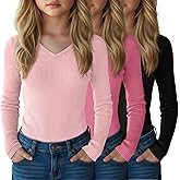 LessonZoo 3 Pack Girls Long Sleeve Cotton Shirts Ribbed Knit Layering Tops Slim Fit V Neck Basic Undershirts