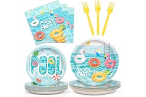 DECORLIFE 96PCS Pool Party Supplies Serves 24, Pool Party Plates and Napkins Sets, Summer Paper Plates, Beach Theme Party Decorations