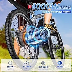 Funhang Electric Bike for Adults, 26'' 1000W Peak