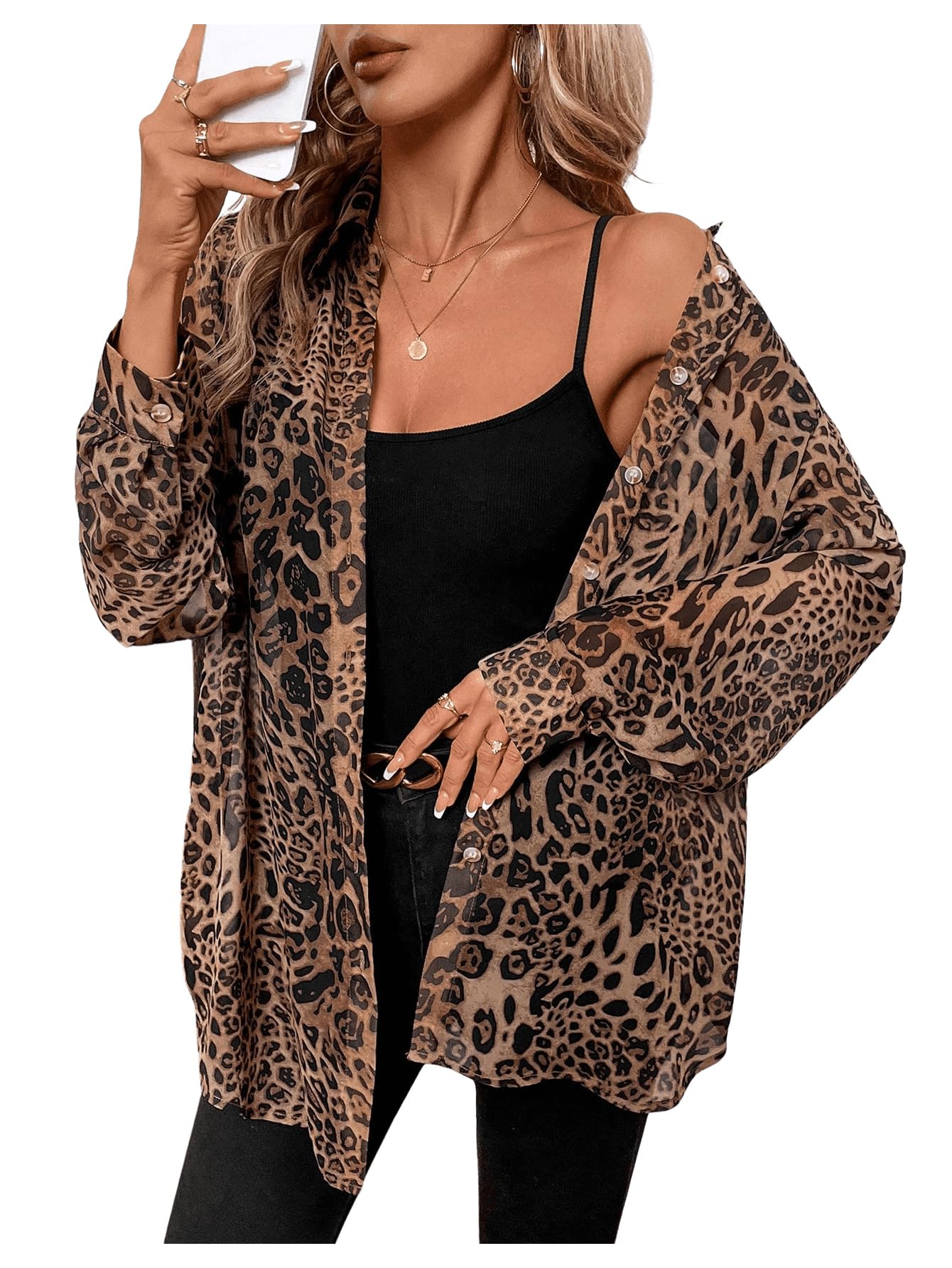 Cheetah mesh dets sheer blouse work/play...  M