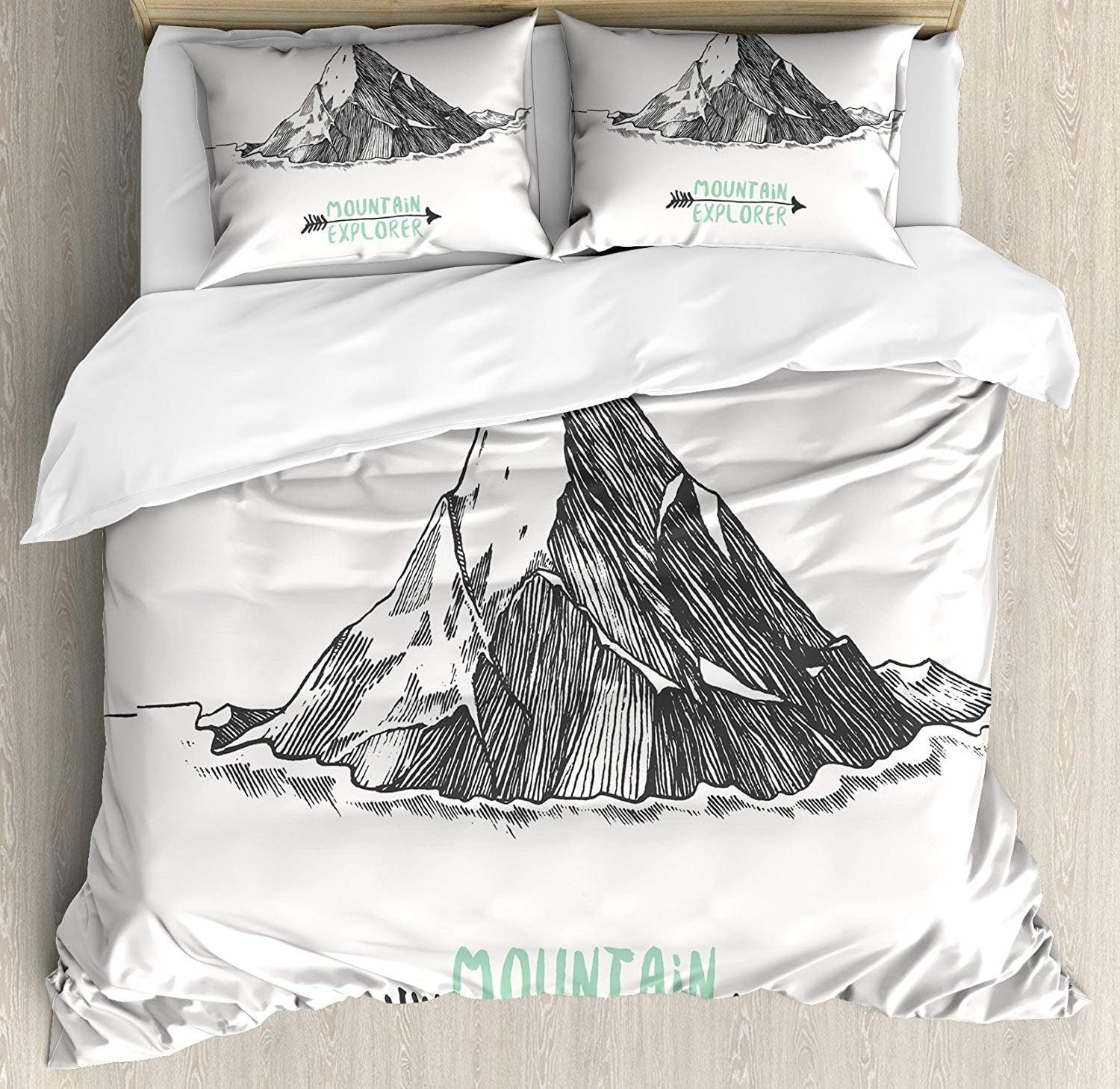 SUHOM 4 Piece Bedding Set with Zipper Closure, Sketch Style Mountain with an Arrow Exploring Themed Illustration Printed Bedding Collection Mint Green and Charcoal Grey, Full