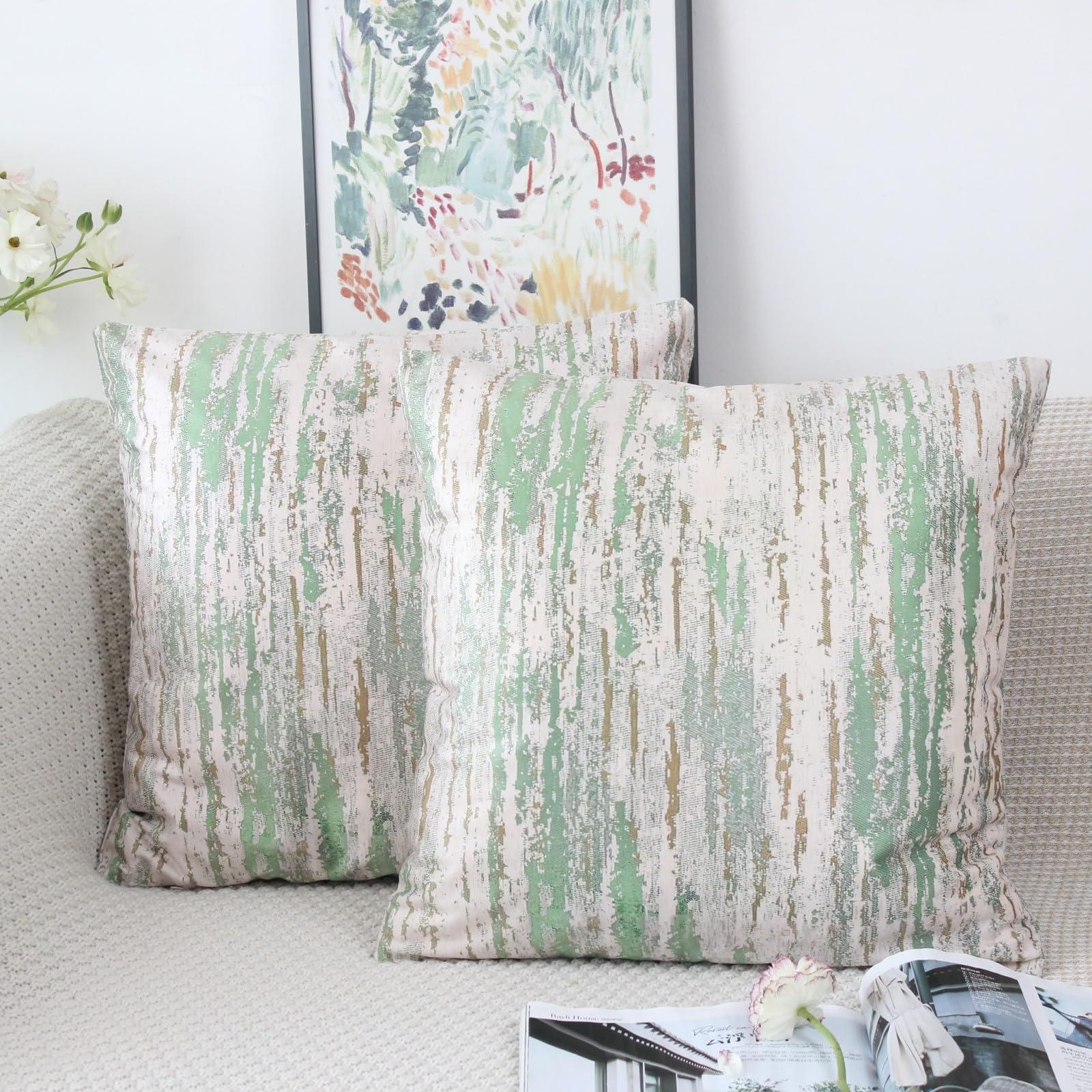 NIULAA Velvet Green Cushion Covers 50cm x 50cm Double Sided Vintage Cushion Cover 20x20 inches Set of 2 Soft Pillow Cases Abstract Art Deco Pillow Cover 50 x 50 for Sofa Living Room Bedroom