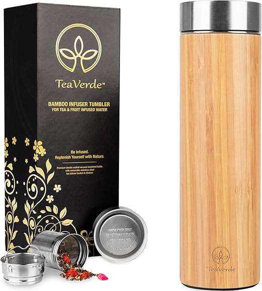 Bamboo Tea Tumbler With Stainless Steel Tea Infuser 17 Oz Double Wall Vacuum Insulated Thermos Leak