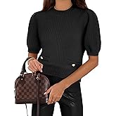 Cicy Bell Womens Puff Short Sleeve Sweaters Tops Cropped Ribbed Knit Lightweight Pullover Casual Loose Fit Crewneck Sweater