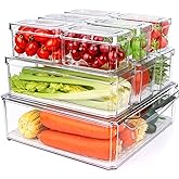 10 Pack Refrigerator Pantry Organizer Bins, Stackable Fridge Organizer Bins with Lids, Clear Plastic Food Storage Bins for Kitchen, Countertops, Cabinets, Fridge, Drinks, Fruits, Vegetable, Cereals