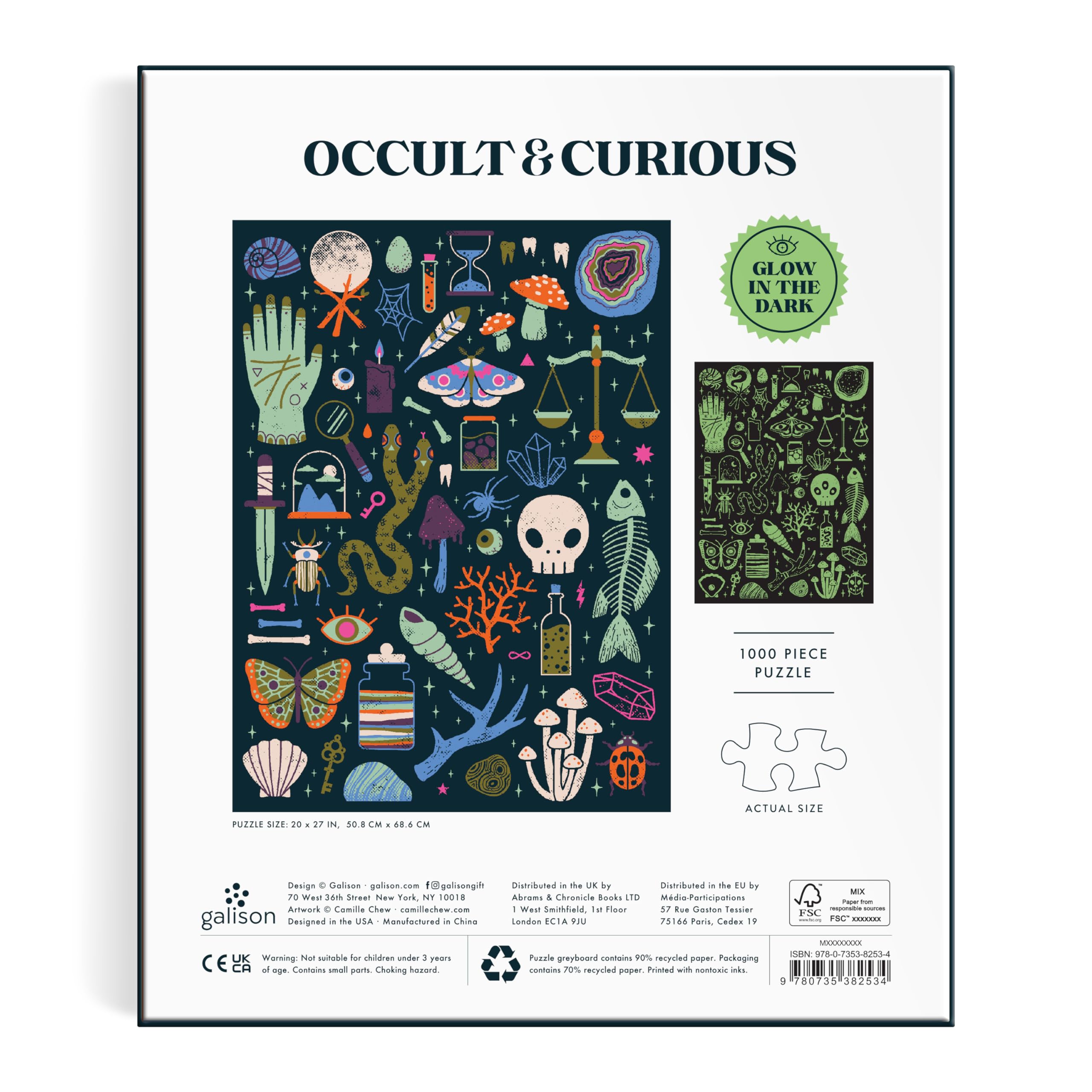 Galison Occult and Curious – 1000 Piece Glow in The Dark Jigsaw Puzzle Featuring an Eerie Collection of Creepy and Spooky Objects