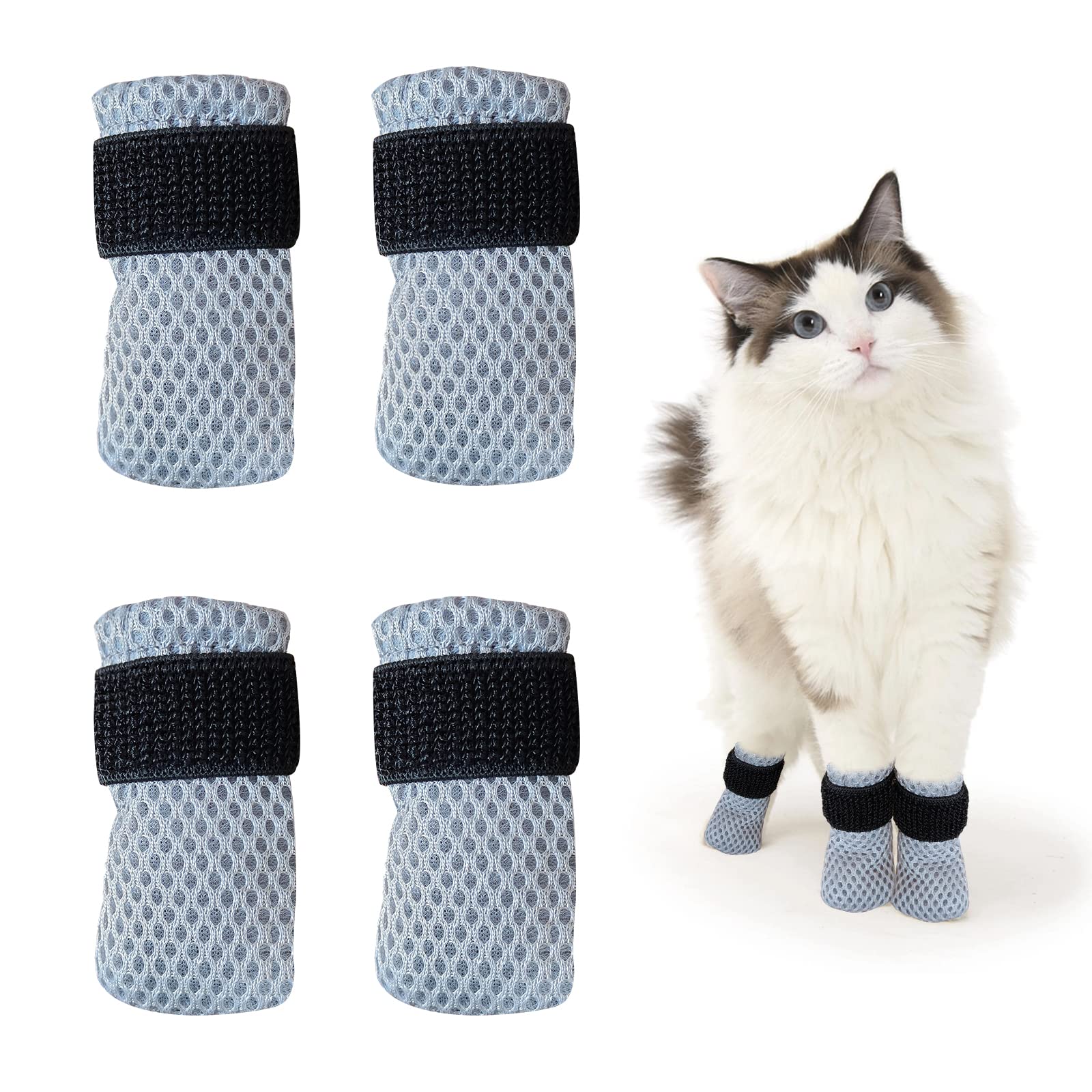 caichuxiye Cat Boots,paw Covers Anti-Scratch Cat Foot Covers for Cats Adjustable Mesh Cat Claw Protectors Non-Slip Breathablesuitable for Family Pet Cat Bathing and Nail Cutting (4 Pieces) (Grey, M)