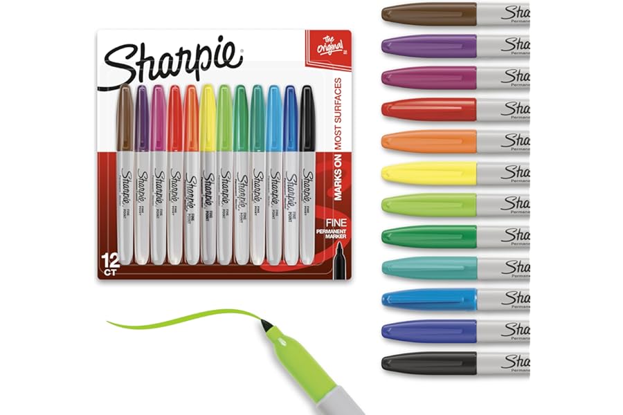 Sharpie Permanent Markers, Fine Tip, 12 Count - Quick Drying, Fade Resistant, Arts & Crafts, Desk, Office Supplies