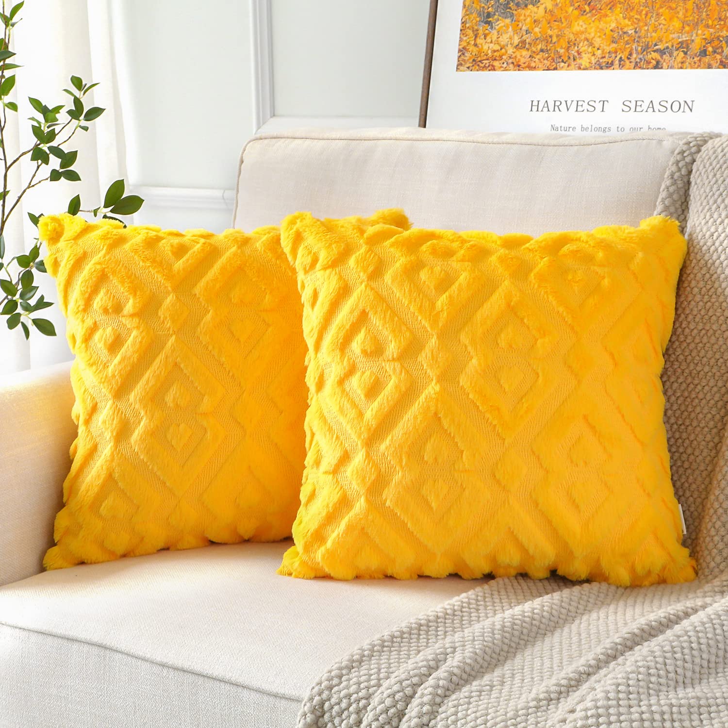 Artscope Pack of 2 Soft Plush Short Wool Velvet Decorative Cushion Covers Luxury Style Throw Pillow Covers European Pillow Shell for Sofa Bedroom Diamond Shape Yellow, 55x55cm