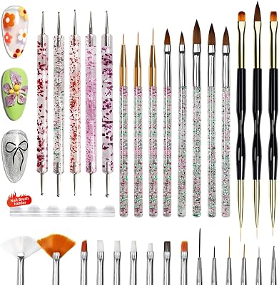Lot de 32 pinceaux professionnels pour nail art - Stylos et outils de pointage avec support pour pinceaux à ongles - Pinceaux de manucure précis pour les débutants et les salons - Parfait pour