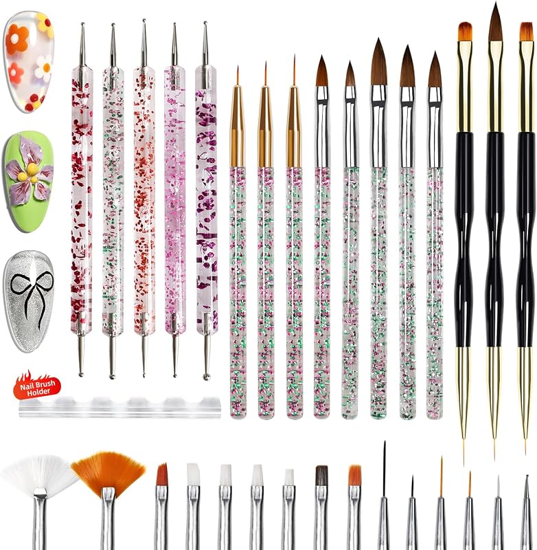 Lot de 32 pinceaux professionnels pour nail art - Stylos et outils de pointage avec support pour pinceaux à ongles - Pinceaux de manucure précis pour les débutants et les salons - Parfait pour