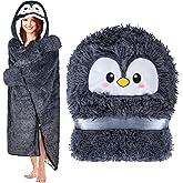 Penguin Wearable Hooded Blanket for Adults - Fluffy Super Soft Shaggy Faux Fur, Fuzzy Warm Cozy Plush Furry Fleece & Sherpa Hoodie Throw Cloak Wrap - Penguin Gifts for Women Adults and Kids