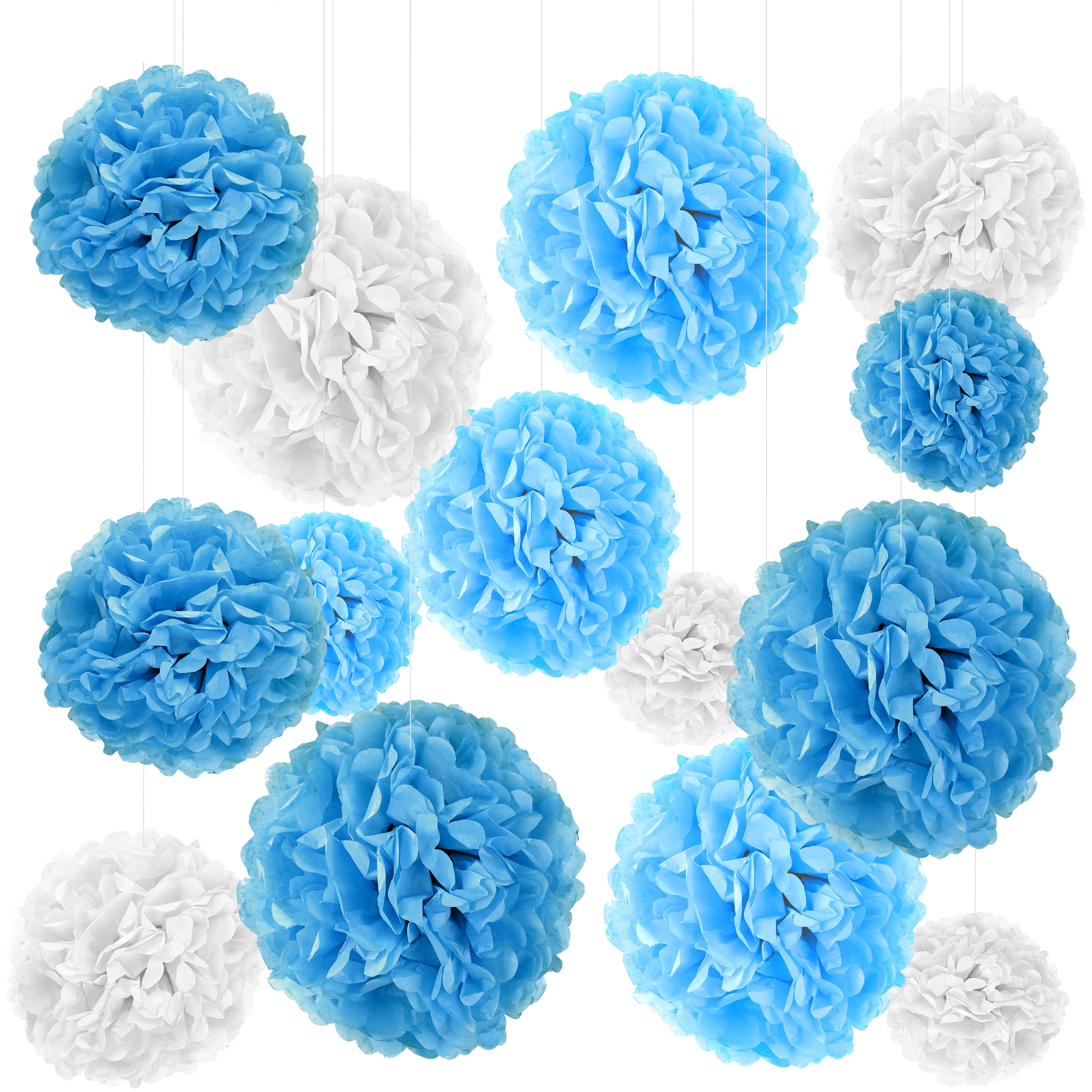 Set of 15 tissue paper pompoms, including satin ribbons (each 1.20 m) including gift packaging, with German video craft instructions (white/light blue/blue)