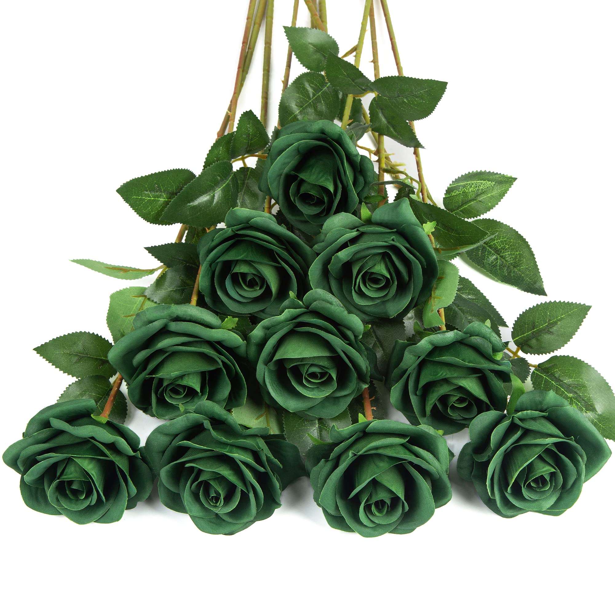 DuHouse 10Pcs Artificial Roses Fake Silk Flowers Realistic Bridal Bouquets with Single Long Plastic Stems for Arrangement Wedding Table Centerpiece Party Home Decor(Dark Green) — image 1