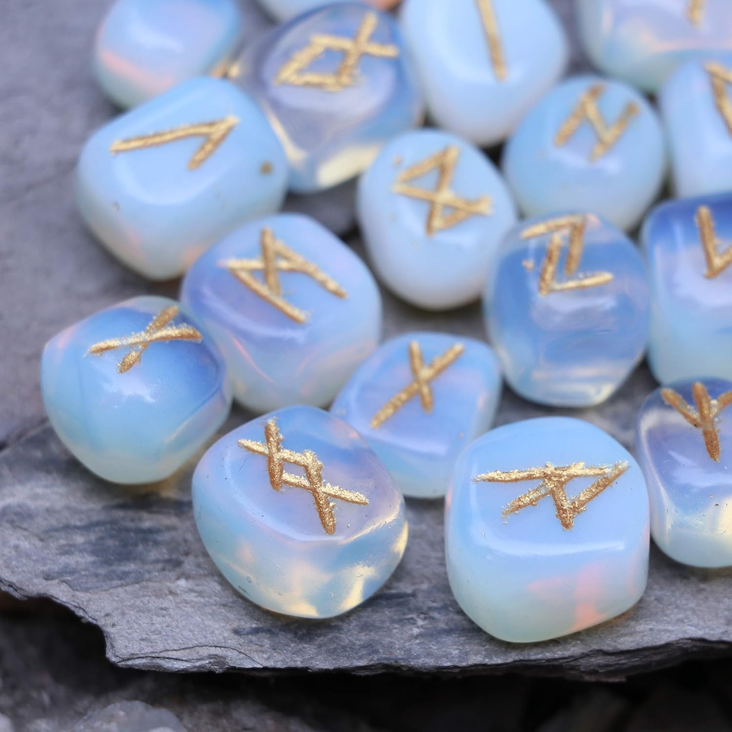 Indoor Fountains & Accessories - Crocon Opalite Gemstone Engraved Rune Stones Set (25 Pcs) for Beginners with Elder Futhark Alphabets for Healing Chakra Crystals Reiki feng Shui Runes Set Size: 15-20 mm with a Pouch & Rune brochure