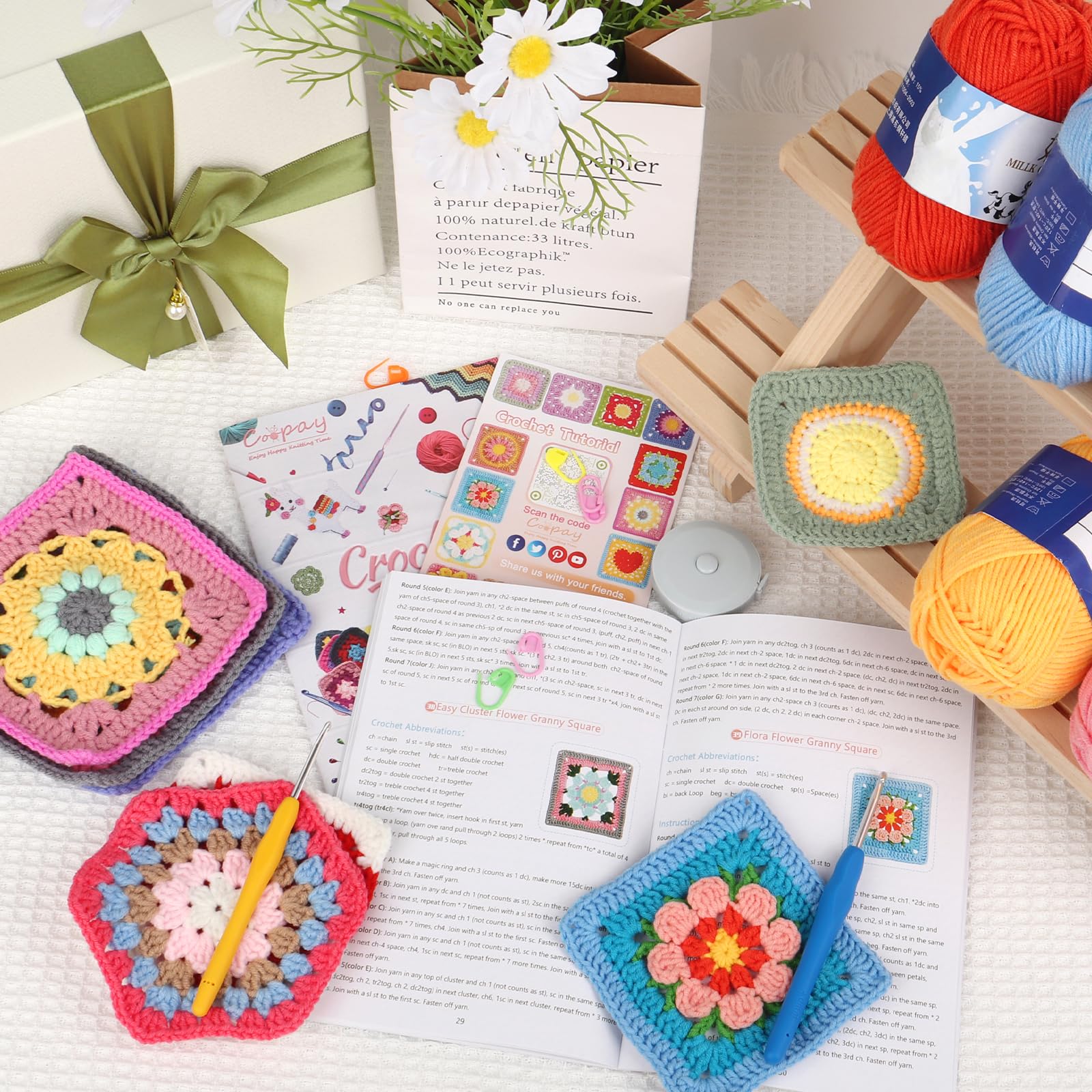Coopay Crochet Kit for Beginners, Granny Square Crochet Kit with 2 Crochets Book & Video Card, Crochets Starter Kit for Adults Learn to Knitting, Granny Square Card Deck - 50 Mix & Match Designs