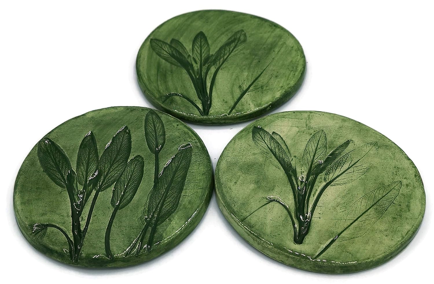 Set of 3 Rustic Green Round Ceramic Coasters for Drinks