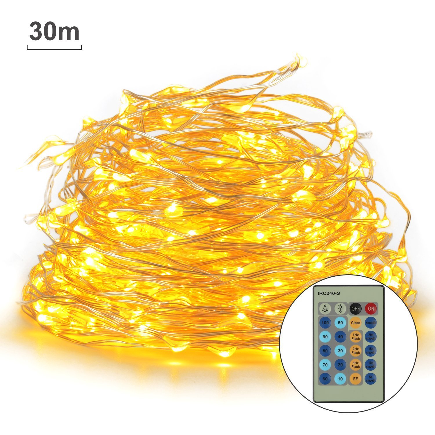 LED Copper String Lights, Fivanus 300 LEDs 98ft/30M Warm White Waterproof Christmas Party Wire Starry Light Fairy With 24keys Remote For Xmas Wedding Outdoor / Indoor Stars Decoration (UL Certified Adapter)(US Plug)