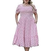 Nemidor Womens Casual Plus Size Midi Dress Summer Floral Print Puff Sleeve Smocked Long Boho Dresses with Pocket 16-26