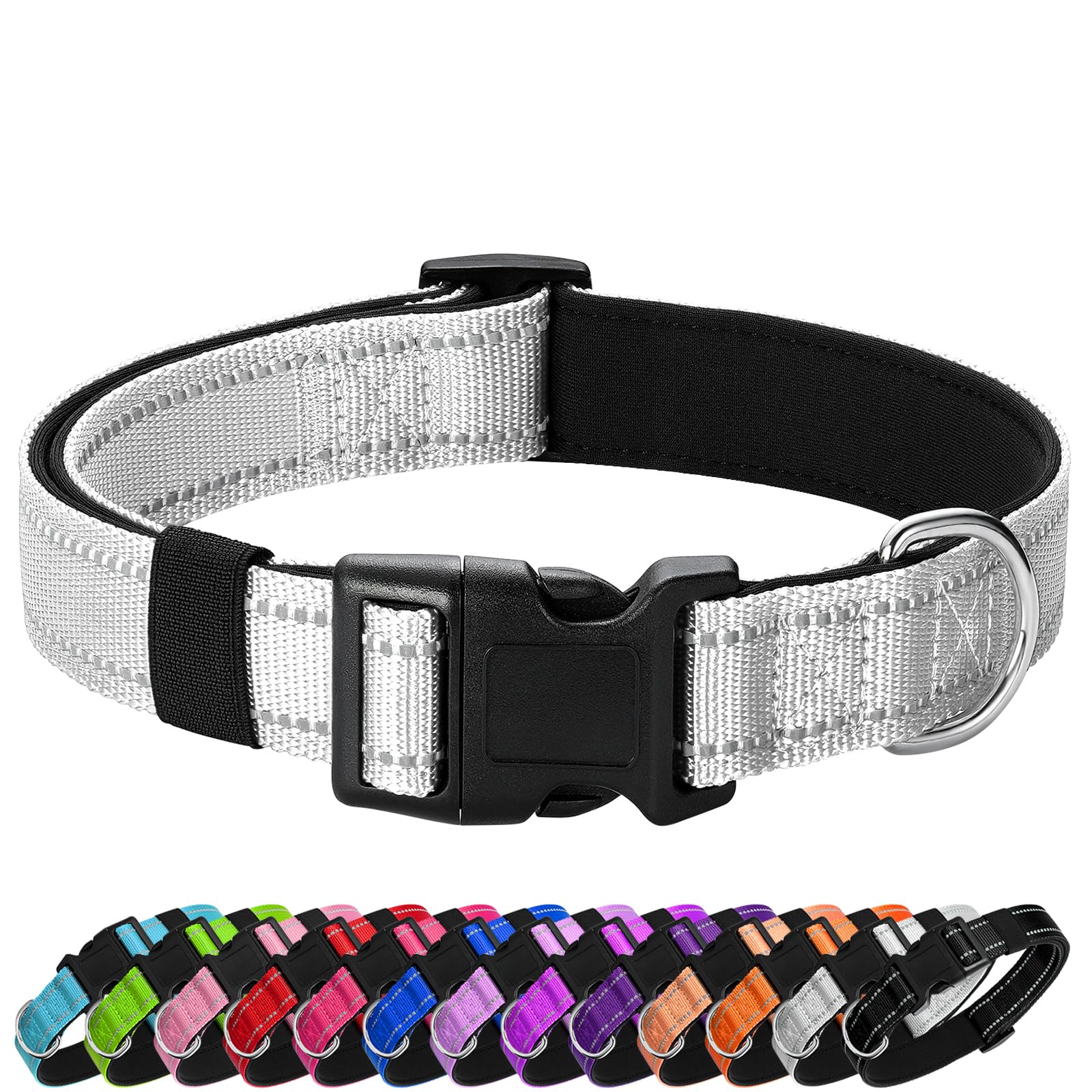 Photo 1 of PenSeepet Reflective Dog Collar Padded with Soft Neoprene Breathable Quick Release Basic Dog Collars for Medium Large Dogs Boy Girl Silver